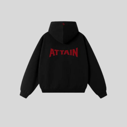 Black Hoodie With Red Attain Symbols