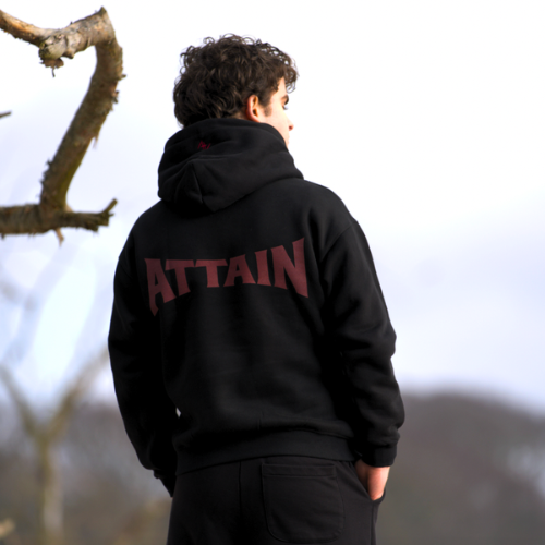 Black Hoodie With Red Attain Symbols